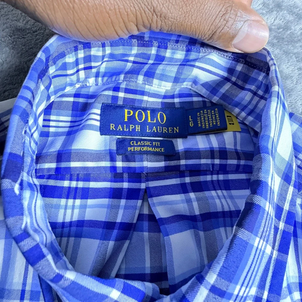 Polo‎ Ralph Lauren Mens LG Classic Fit Performance Plaid Short Sleeve Shirt Blue